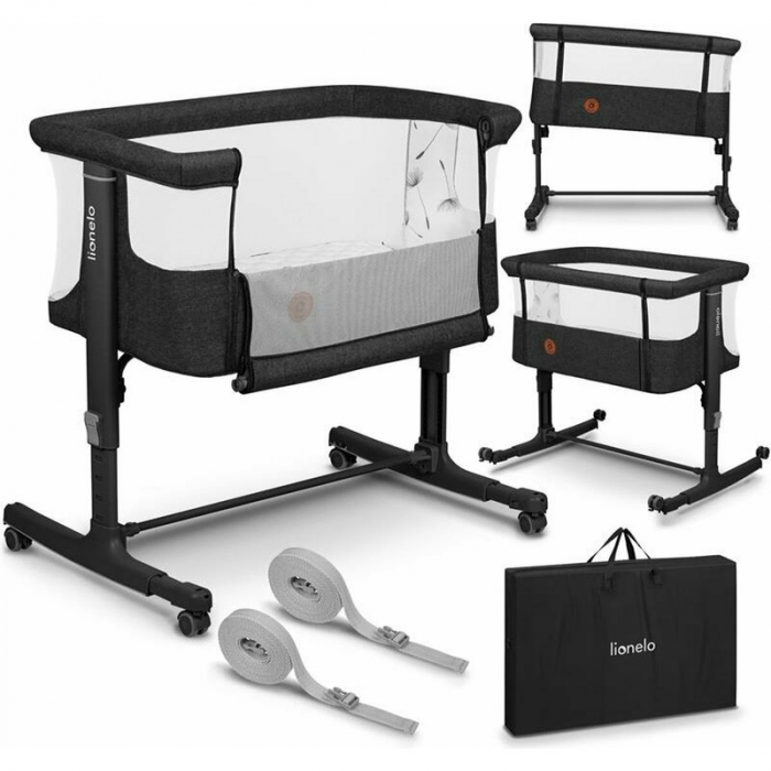 Patut co-sleeper, Lionelo, Aurora, 3 in 1, functie leganare, Include saltea si geanta transport, 5 pozitii pe inaltime, Pana la 9 kg, Grey Graphite [2]