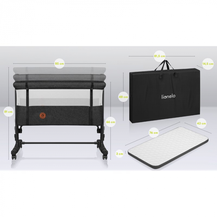 Patut co-sleeper, Lionelo, Aurora, 3 in 1, functie leganare, Include saltea si geanta transport, 5 pozitii pe inaltime, Pana la 9 kg, Grey Graphite [32]