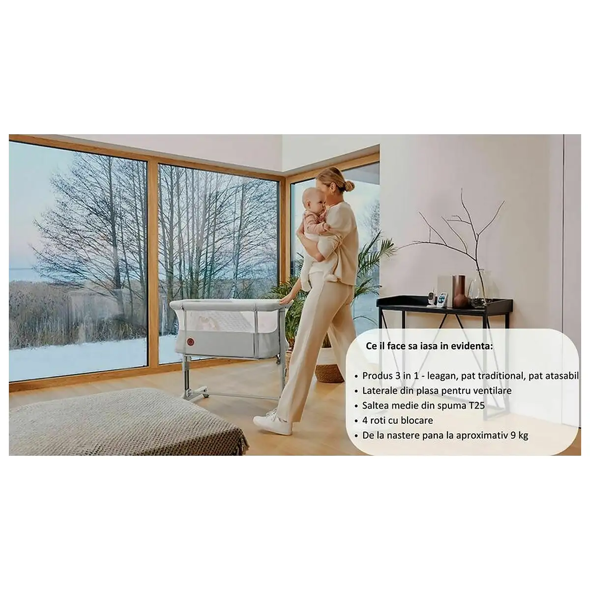 Patut co-sleeper, Lionelo, Aurora, 3 in 1, Cu leganare si setare unghiulara, Saltea cu densitate T25 si geanta [6]