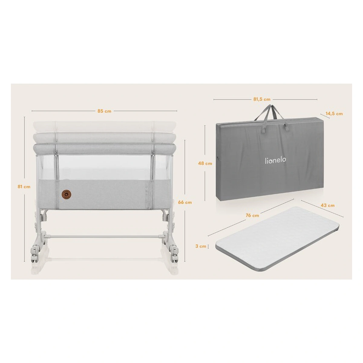 Patut co-sleeper, Lionelo, Aurora, 3 in 1, functie leganare, Include saltea si geanta transport, 5 pozitii pe inaltime, Pana la 9 kg, Beige Sand [22]