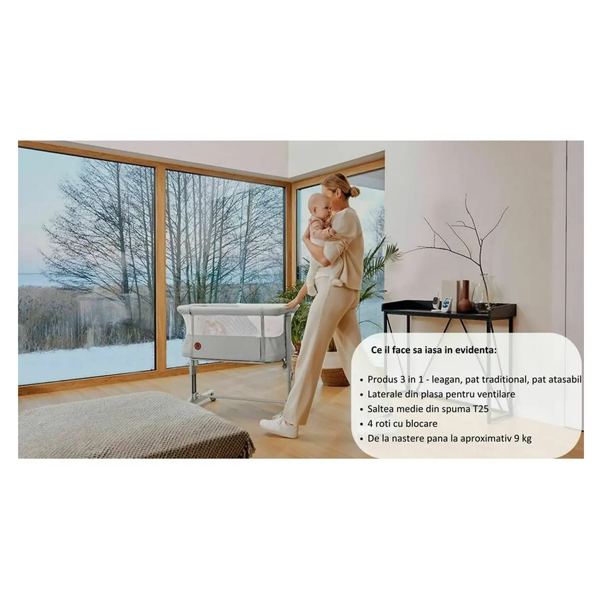 Patut co-sleeper, Lionelo, Aurora, 3 in 1, functie leganare, Include saltea si geanta transport, 5 pozitii pe inaltime, Pana la 9 kg, Beige Sand [27]