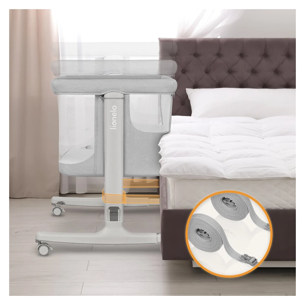 Patut co-sleeper, Lionelo, Aurora, 3 in 1, functie leganare, Include saltea si geanta transport, 5 pozitii pe inaltime, Pana la 9 kg, Beige Sand [25]