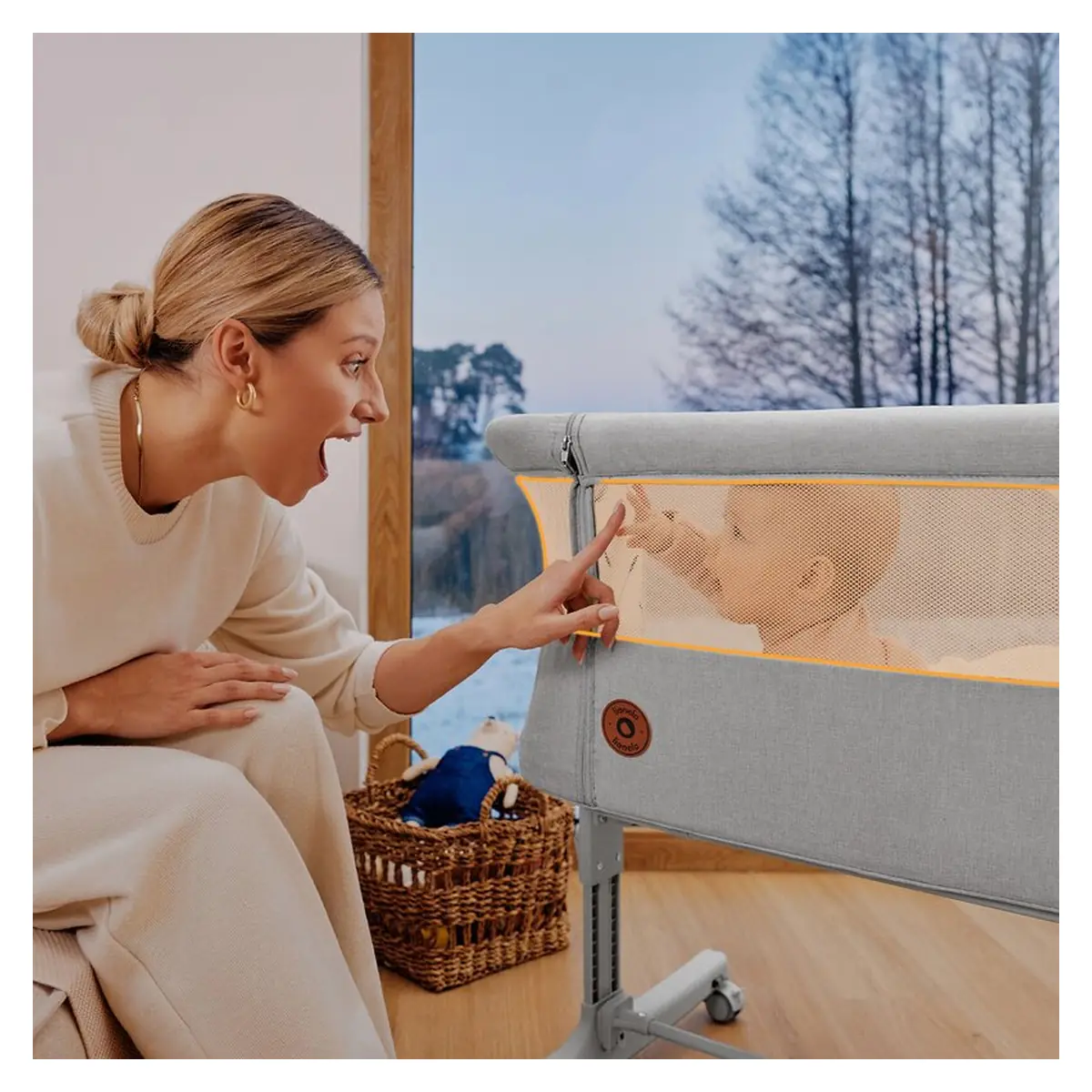 Patut co-sleeper, Lionelo, Aurora, 3 in 1, functie leganare, Include saltea si geanta transport, 5 pozitii pe inaltime, Pana la 9 kg, Beige Sand [28]