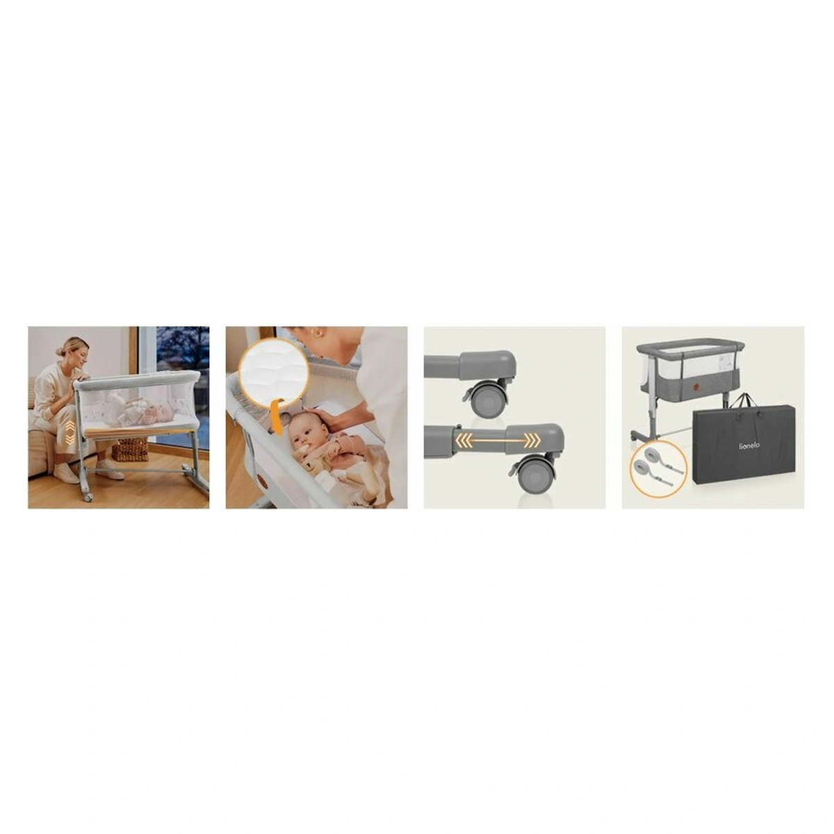 Patut co-sleeper, Lionelo, Aurora, 3 in 1, functie leganare, Include saltea si geanta transport, 5 pozitii pe inaltime, Pana la 9 kg, Grey Concrete [38]