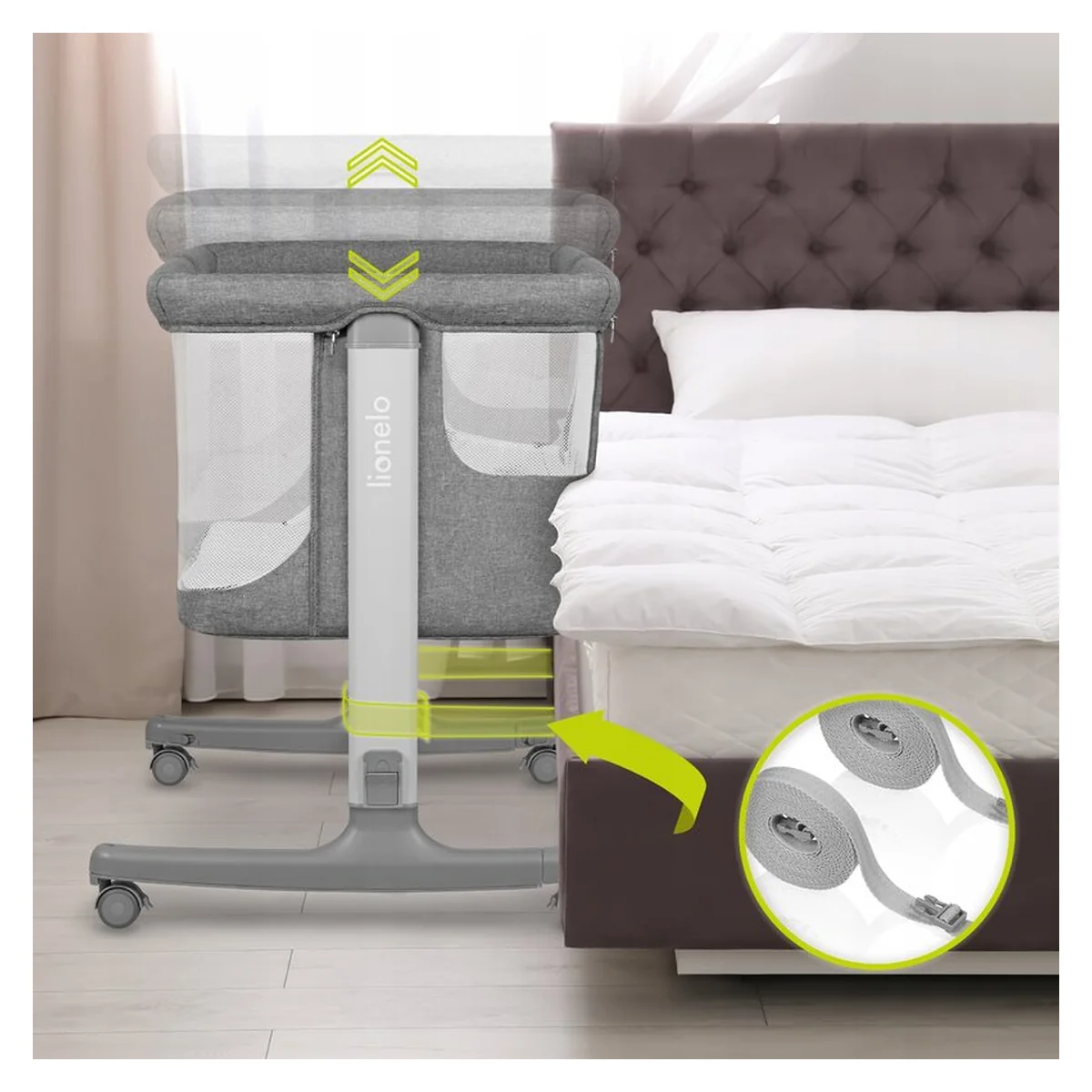 Patut co-sleeper, Lionelo, Aurora, 3 in 1, functie leganare, Include saltea si geanta transport, 5 pozitii pe inaltime, Pana la 9 kg, Grey Concrete [30]