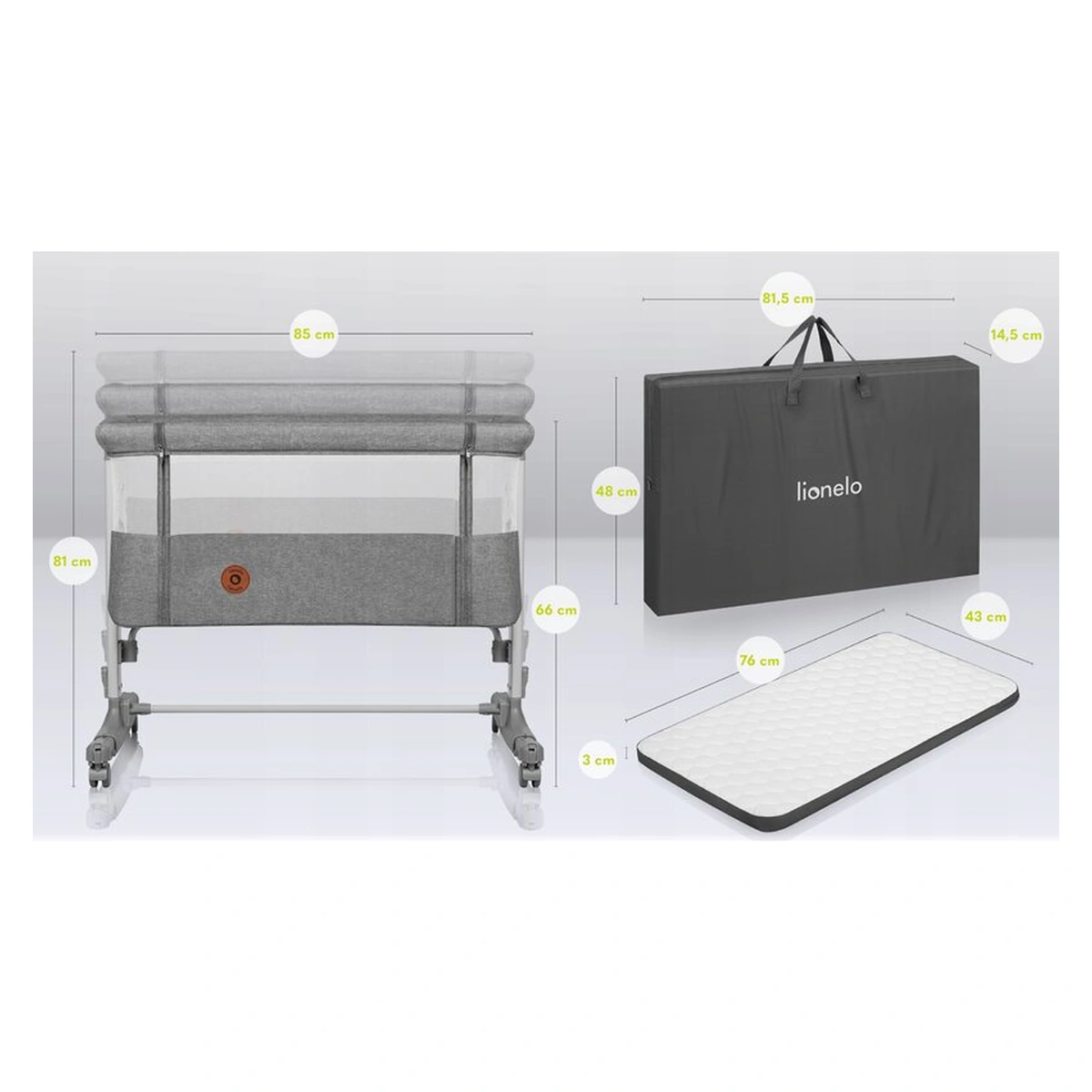 Patut co-sleeper, Lionelo, Aurora, 3 in 1, functie leganare, Include saltea si geanta transport, 5 pozitii pe inaltime, Pana la 9 kg, Grey Concrete [25]