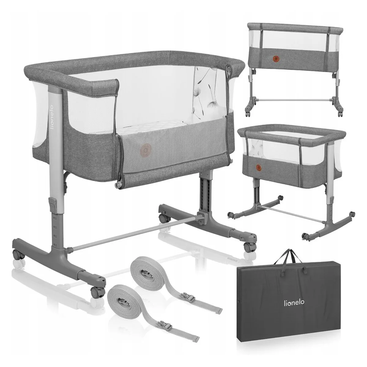 Patut co-sleeper, Lionelo, Aurora, 3 in 1, functie leganare, Include saltea si geanta transport, 5 pozitii pe inaltime, Pana la 9 kg, Grey Concrete [3]