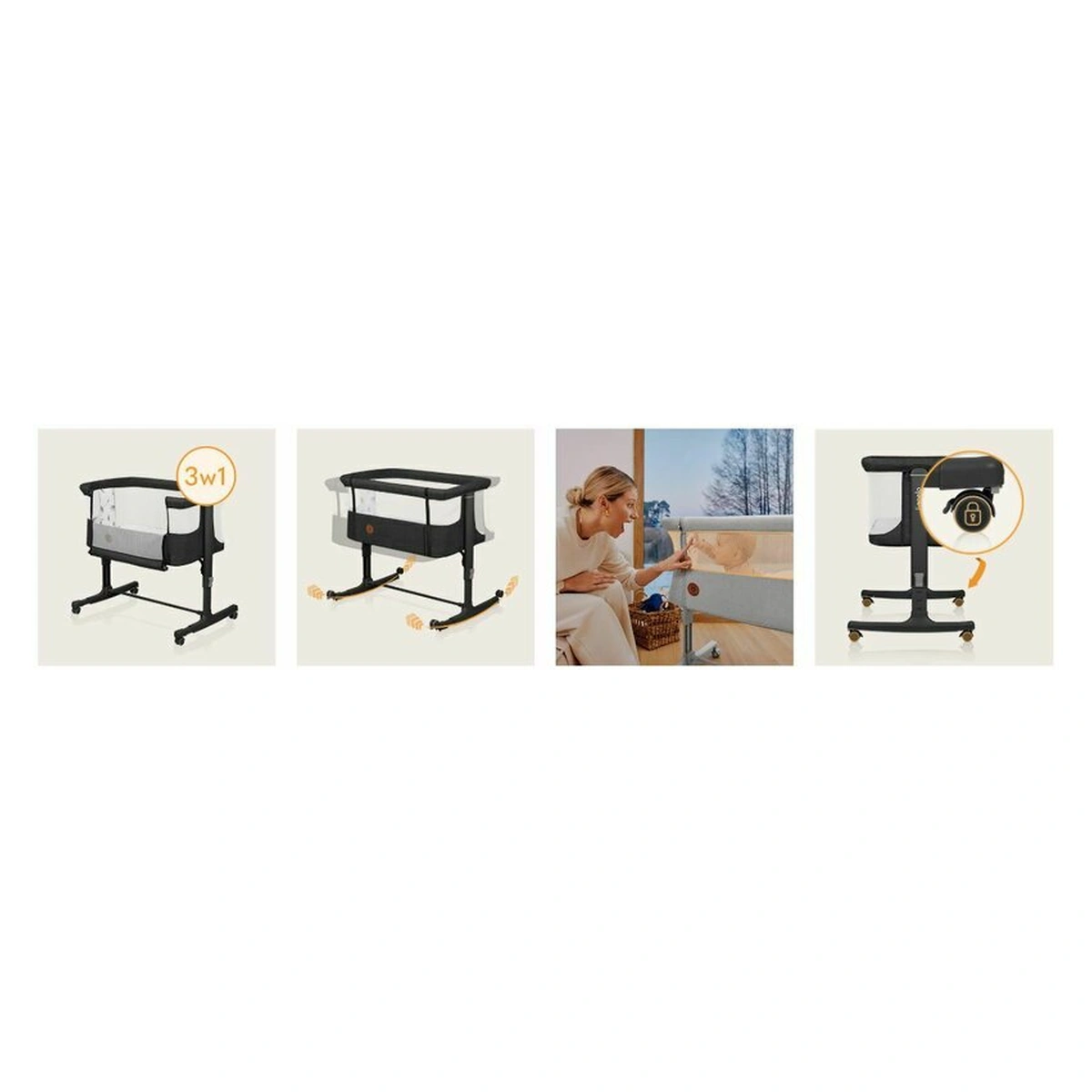 Patut co-sleeper, Lionelo, Aurora, 3 in 1, functie leganare, Include saltea si geanta transport, 5 pozitii pe inaltime, Pana la 9 kg, Grey Graphite [48]