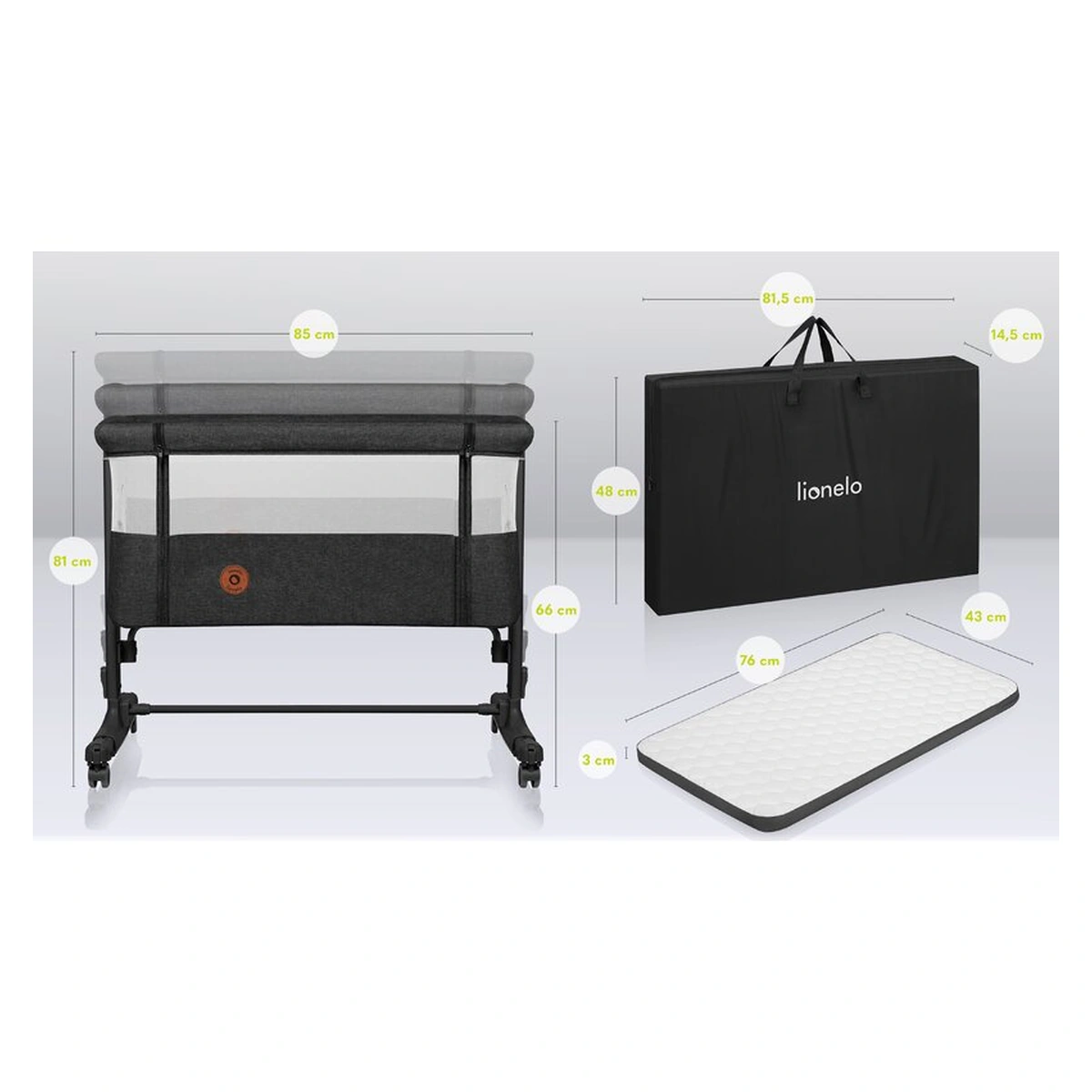 Patut co-sleeper, Lionelo, Aurora, 3 in 1, functie leganare, Include saltea si geanta transport, 5 pozitii pe inaltime, Pana la 9 kg, Grey Graphite [42]