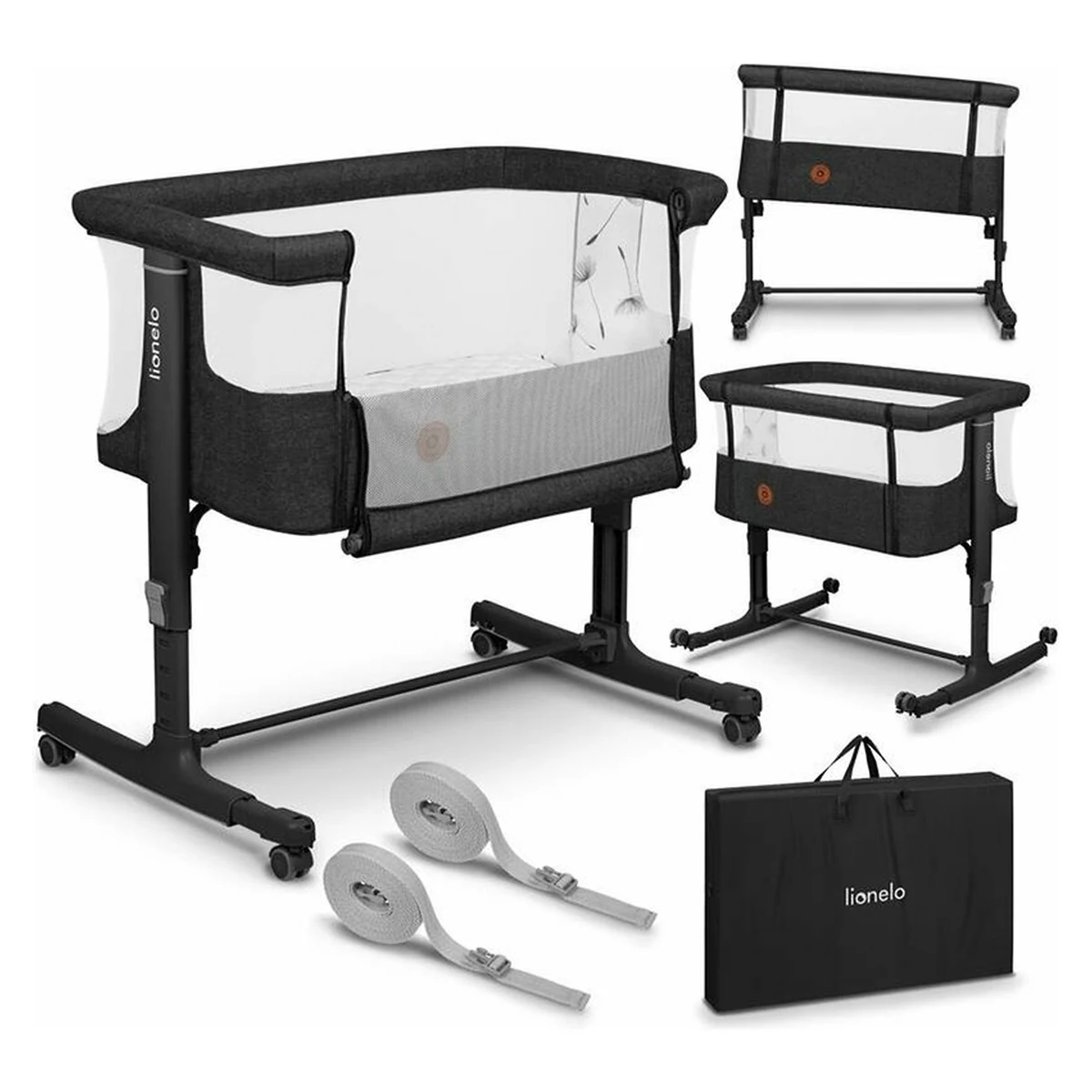 Patut co-sleeper, Lionelo, Aurora, 3 in 1, functie leganare, Include saltea si geanta transport, 5 pozitii pe inaltime, Pana la 9 kg, Grey Graphite [3]
