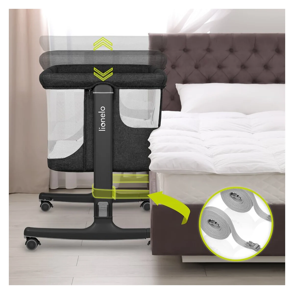 Patut co-sleeper, Lionelo, Aurora, 3 in 1, functie leganare, Include saltea si geanta transport, 5 pozitii pe inaltime, Pana la 9 kg, Grey Graphite [38]