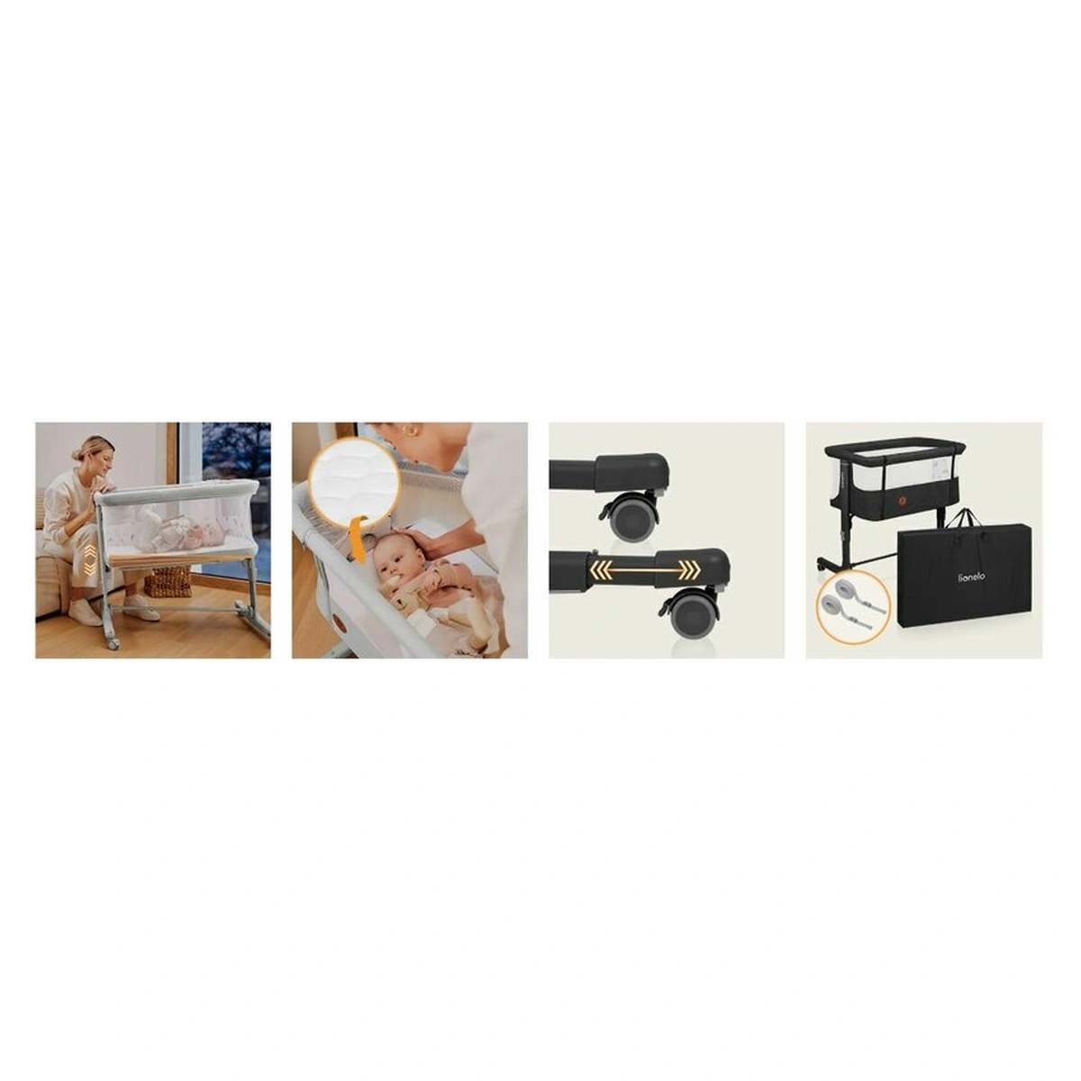 Patut co-sleeper, Lionelo, Aurora, 3 in 1, functie leganare, Include saltea si geanta transport, 5 pozitii pe inaltime, Pana la 9 kg, Grey Graphite [49]