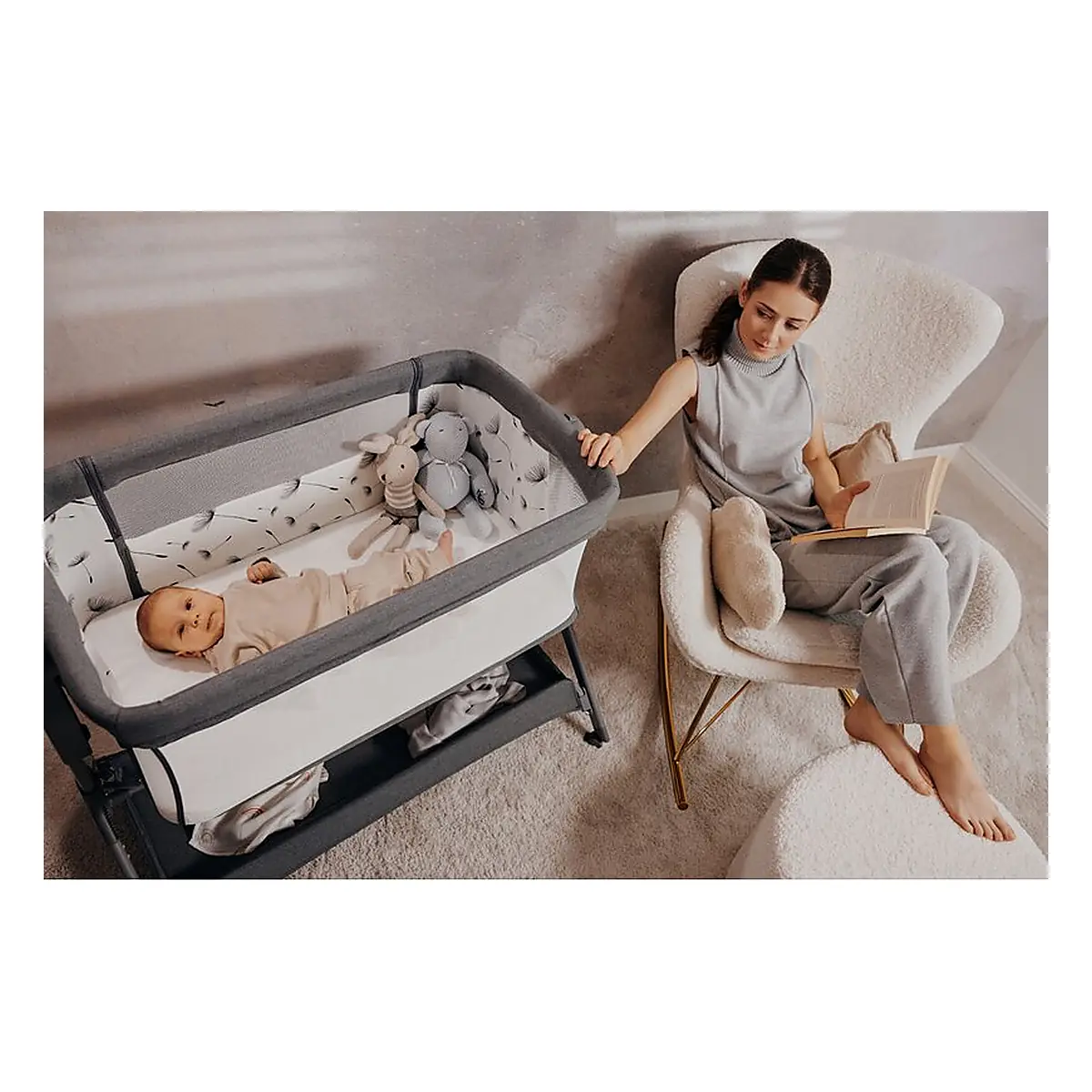 Patut co-sleeper, Lionelo, Leonie Plus, Pliabil, Cu sistem de leganare, Bej [29]