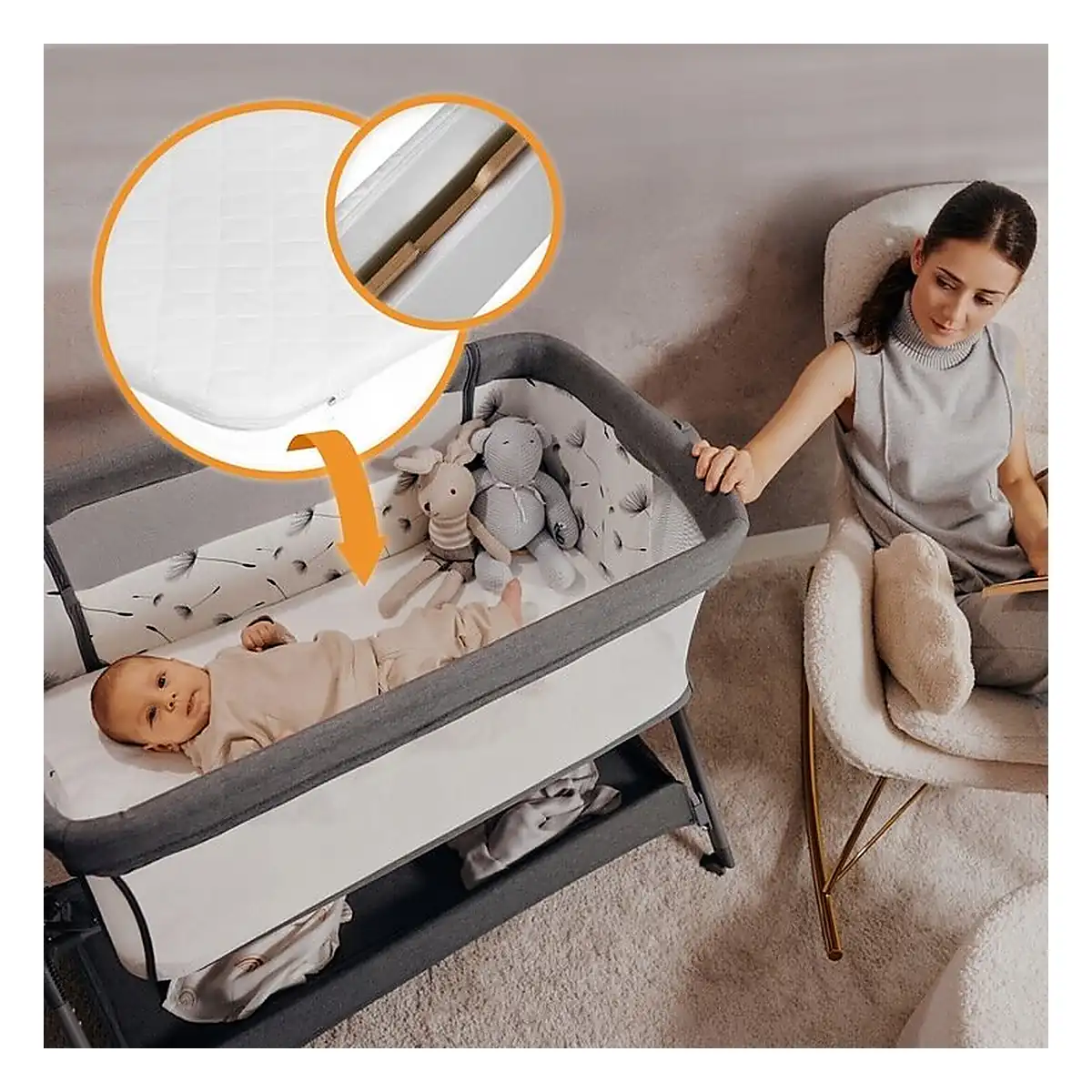 Patut co-sleeper, Lionelo, Leonie Plus, Pliabil, Cu sistem de leganare, Bej [22]