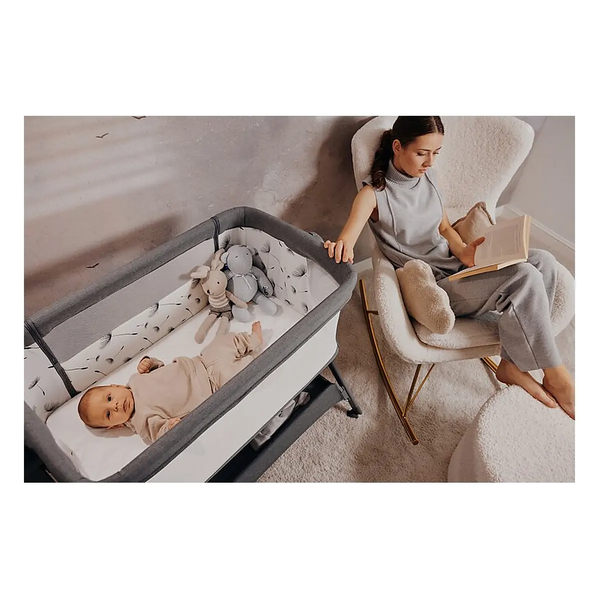 Patut co-sleeper, Lionelo, Leonie Plus, Pliabil, Cu sistem de leganare, Bej [27]