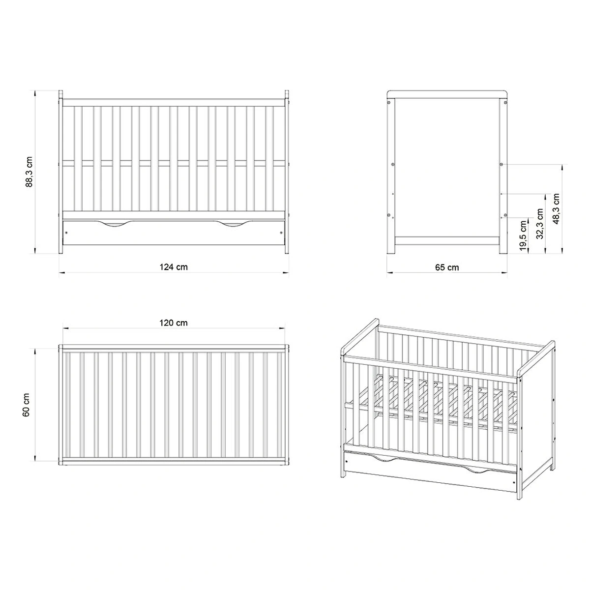 Patut copii din lemn Hubners Paula 120x60 alb cu sertar [2]