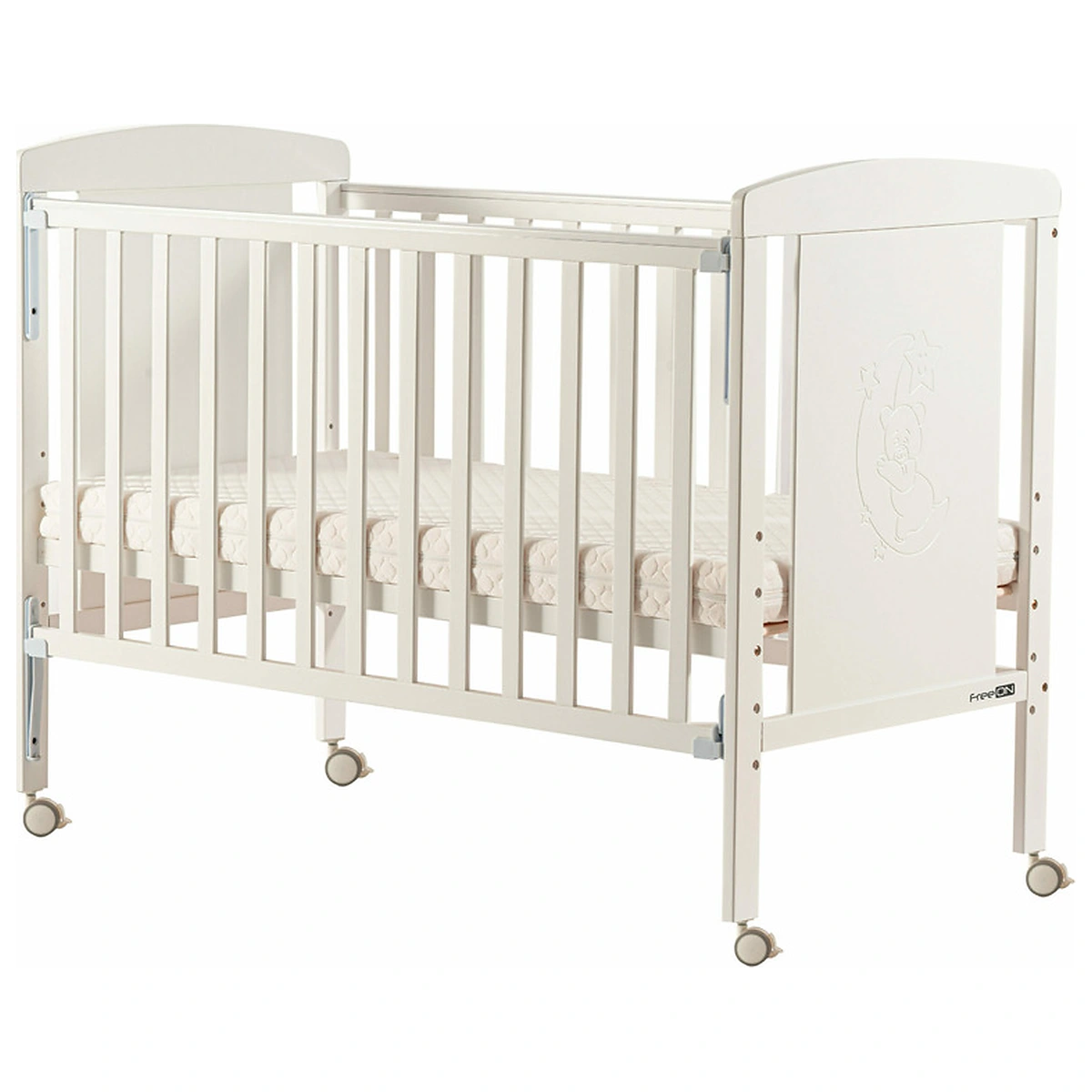 Patut din lemn bebe, 120x60 cm, laterala culisanta, roti, FreeON, Mia, White 0 luni+ [3]