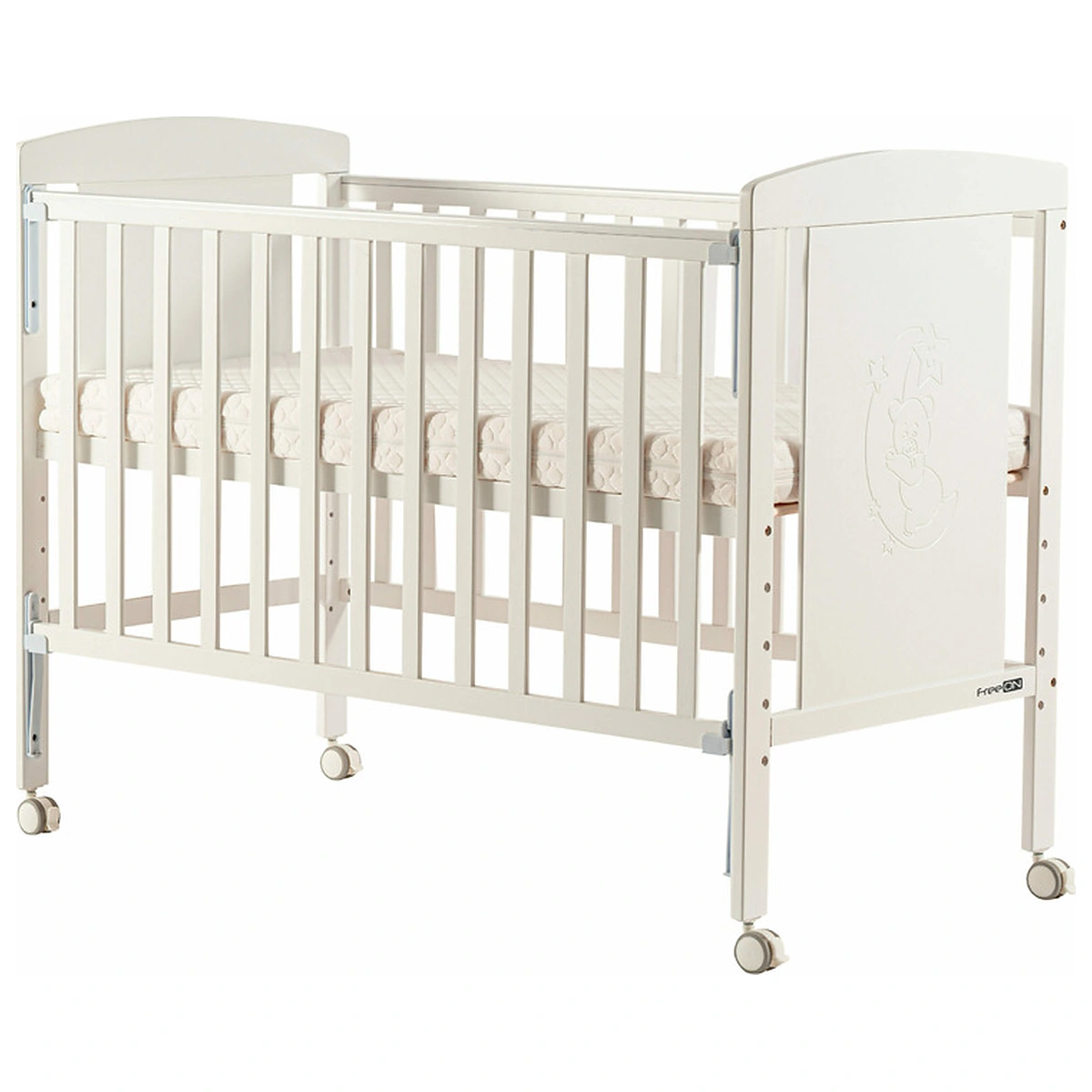 Patut din lemn bebe, 120x60 cm, laterala culisanta, roti, FreeON, Mia, White 0 luni+ [4]