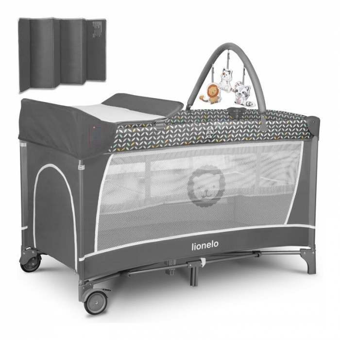 Lionelo - Patut pliant cu doua nivele Flower, Cu arcada, Geanta transport, Masuta de infasat, Bara cu jucarii, Fereastra laterala, 120x60 cm, Conform cu standardele europeane de securitate EN 716 si E [3]