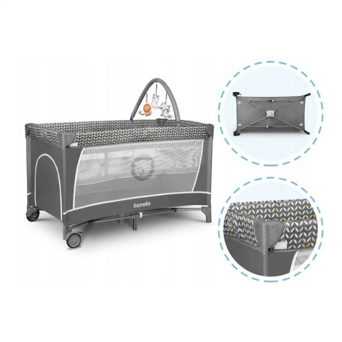 Lionelo - Patut pliant cu doua nivele Flower, Cu arcada, Geanta transport, Masuta de infasat, Bara cu jucarii, Fereastra laterala, 120x60 cm, Conform cu standardele europeane de securitate EN 716 si E [6]