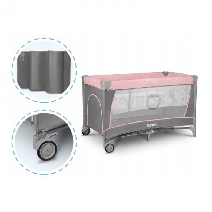 Lionelo - Patut pliant cu doua nivele Flower , Cu arcada, Geanta transport, Masuta de infasat, Bara cu jucarii, Fereastra laterala, 120x60 cm, Conform cu standardele europeane de securitate EN 716 si [9]