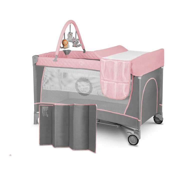 Lionelo - Patut pliant cu doua nivele Flower , Cu arcada, Geanta transport, Masuta de infasat, Bara cu jucarii, Fereastra laterala, 120x60 cm, Conform cu standardele europeane de securitate EN 716 si [3]