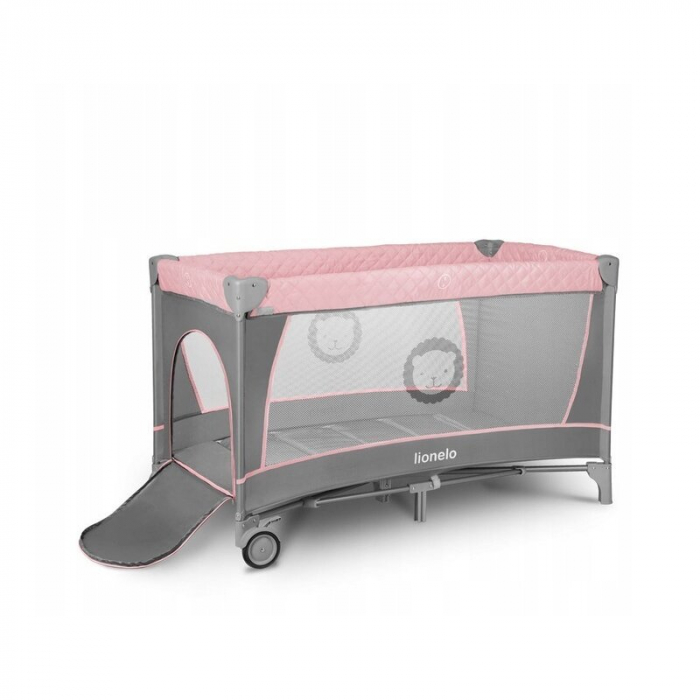 Lionelo - Patut pliant cu doua nivele Flower , Cu arcada, Geanta transport, Masuta de infasat, Bara cu jucarii, Fereastra laterala, 120x60 cm, Conform cu standardele europeane de securitate EN 716 si [7]