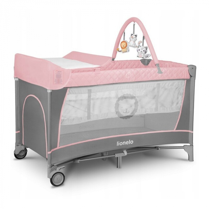 Lionelo - Patut pliant cu doua nivele Flower , Cu arcada, Geanta transport, Masuta de infasat, Bara cu jucarii, Fereastra laterala, 120x60 cm, Conform cu standardele europeane de securitate EN 716 si [2]