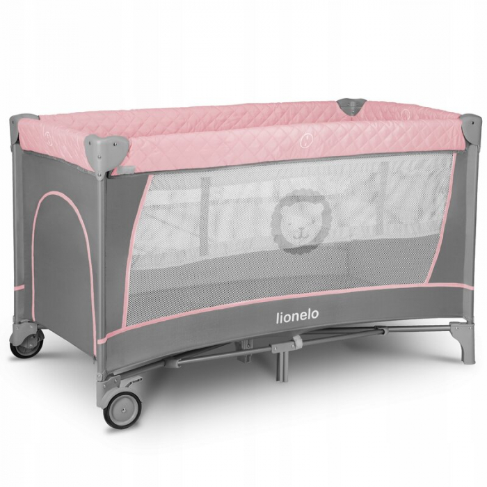 Lionelo - Patut pliant cu doua nivele Flower , Cu arcada, Geanta transport, Masuta de infasat, Bara cu jucarii, Fereastra laterala, 120x60 cm, Conform cu standardele europeane de securitate EN 716 si [6]