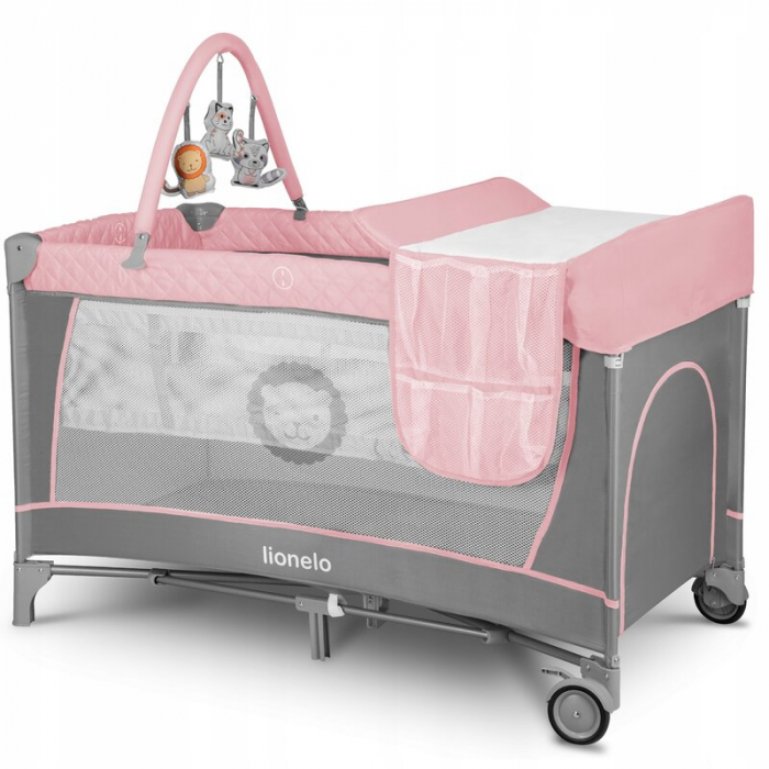 Lionelo - Patut pliant cu doua nivele Flower , Cu arcada, Geanta transport, Masuta de infasat, Bara cu jucarii, Fereastra laterala, 120x60 cm, Conform cu standardele europeane de securitate EN 716 si [4]