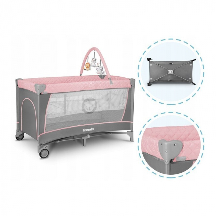 Lionelo - Patut pliant cu doua nivele Flower , Cu arcada, Geanta transport, Masuta de infasat, Bara cu jucarii, Fereastra laterala, 120x60 cm, Conform cu standardele europeane de securitate EN 716 si [12]