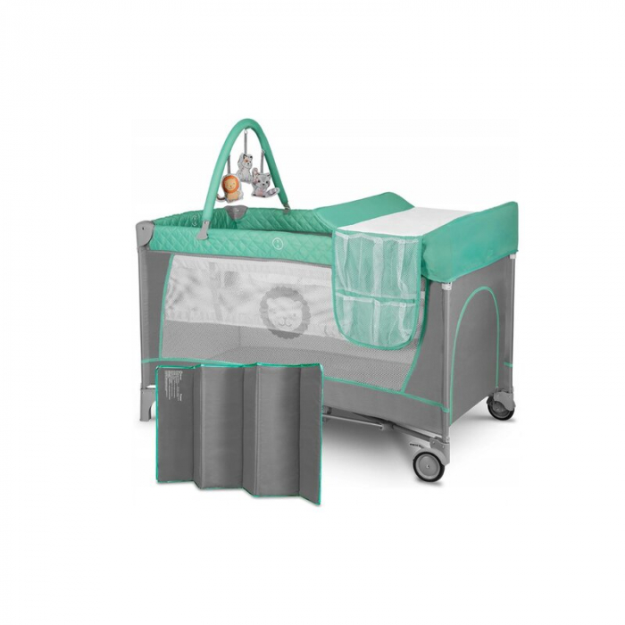 Lionelo - Patut pliant cu doua nivele Flower, Cu arcada, Geanta transport, Masuta de infasat, Bara cu jucarii, Fereastra laterala, 120x60 cm, Conform cu standardele europeane de securitate EN 716 si E [3]