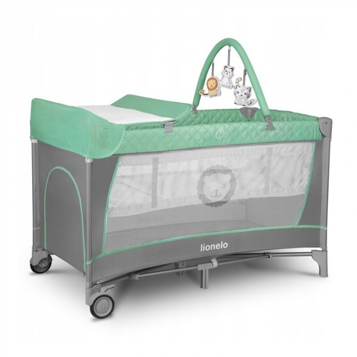 Lionelo - Patut pliant cu doua nivele Flower, Cu arcada, Geanta transport, Masuta de infasat, Bara cu jucarii, Fereastra laterala, 120x60 cm, Conform cu standardele europeane de securitate EN 716 si E [2]