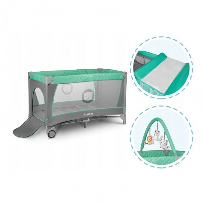 Lionelo - Patut pliant cu doua nivele Flower, Cu arcada, Geanta transport, Masuta de infasat, Bara cu jucarii, Fereastra laterala, 120x60 cm, Conform cu standardele europeane de securitate EN 716 si E [8]