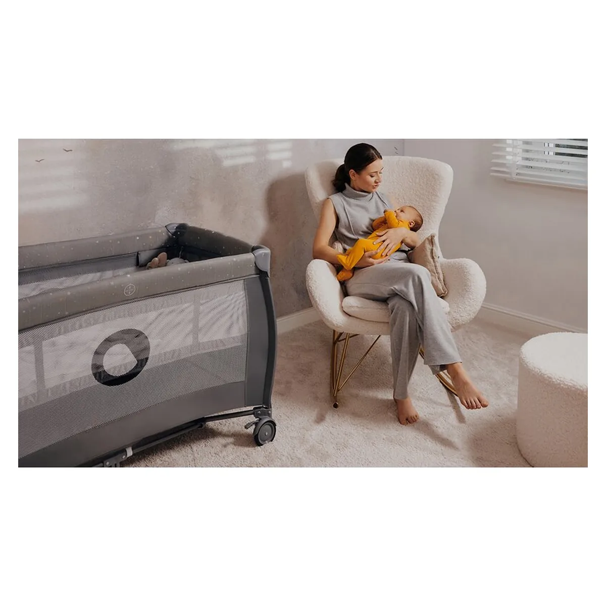 Patut pliant, Lionelo, Stefi Plus, Cu doua nivele, Cu intrare laterala cu fermoar, 2 roti, 120 x 60 cm, Bej [23]