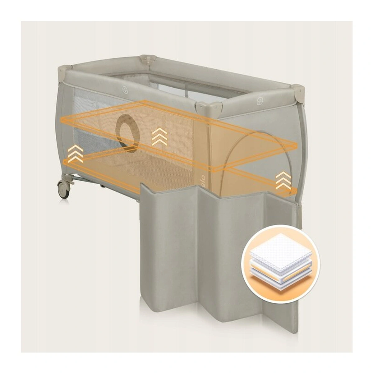 Patut pliant, Lionelo, Stefi Plus, Cu doua nivele, Cu intrare laterala cu fermoar, 2 roti, 120 x 60 cm, Bej [18]