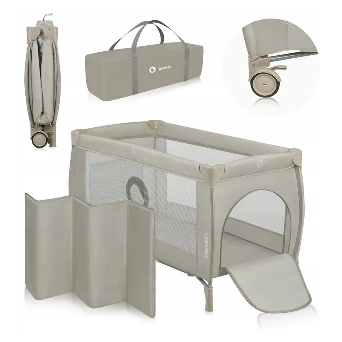 Patut pliant, Lionelo, Stefi Plus, Cu doua nivele, Cu intrare laterala cu fermoar, 2 roti, 120 x 60 cm, Bej [3]