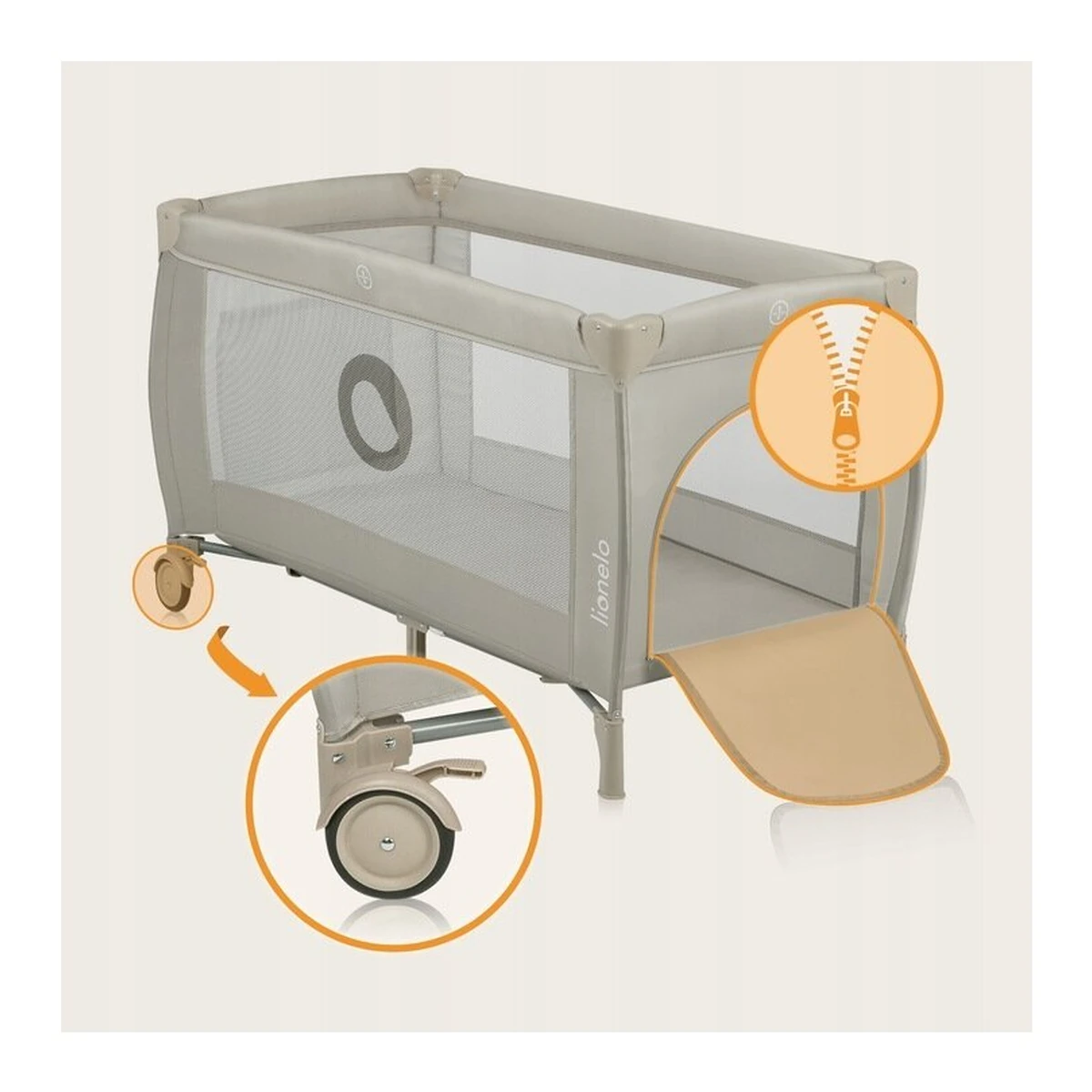 Patut pliant, Lionelo, Stefi Plus, Cu doua nivele, Cu intrare laterala cu fermoar, 2 roti, 120 x 60 cm, Bej [17]