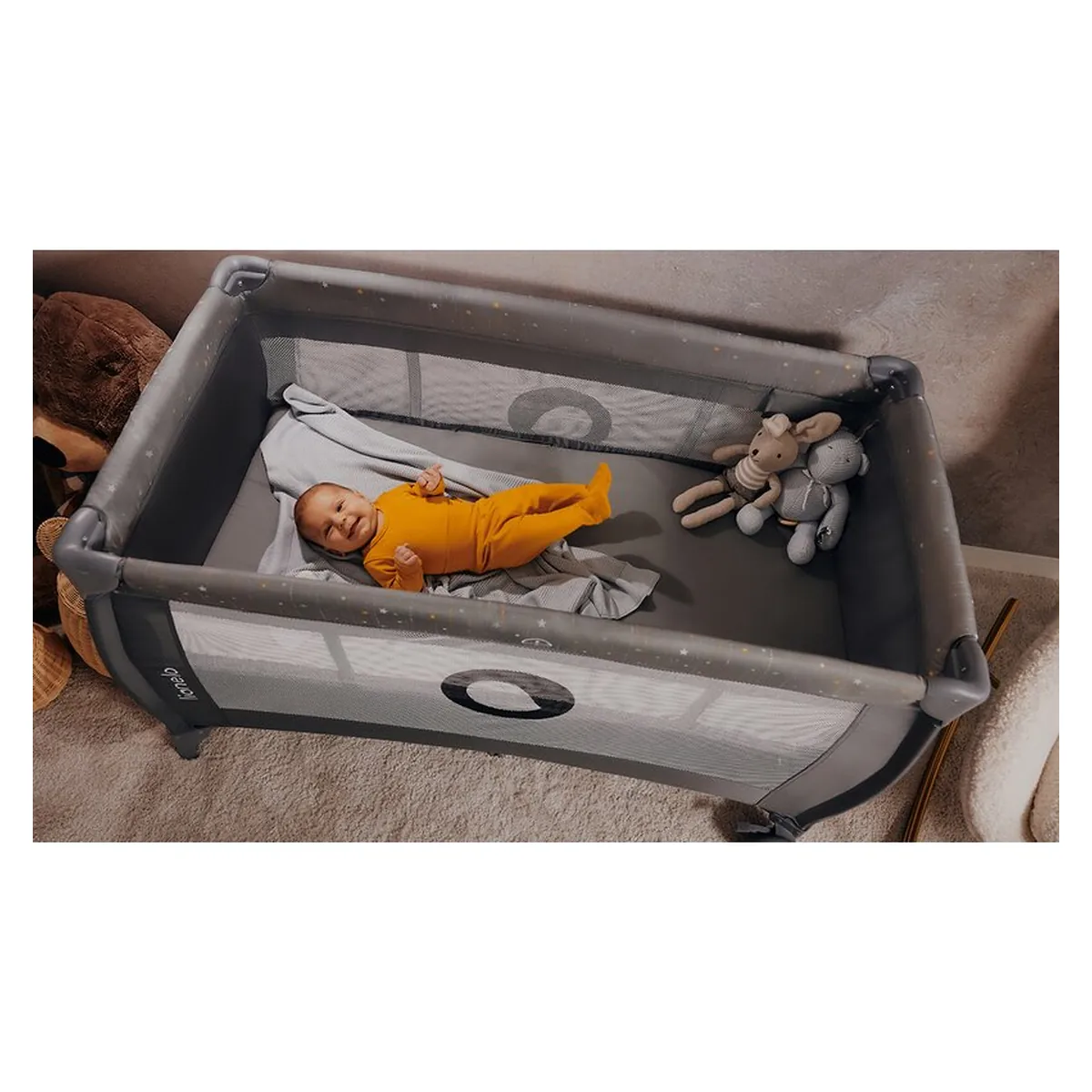 Patut pliant, Lionelo, Stefi Plus, Cu doua nivele, Cu intrare laterala cu fermoar, 2 roti, 120 x 60 cm, Bej [27]