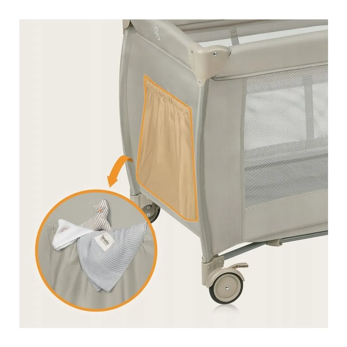 Patut pliant, Lionelo, Stefi Plus, Cu doua nivele, Cu intrare laterala cu fermoar, 2 roti, 120 x 60 cm, Bej [15]