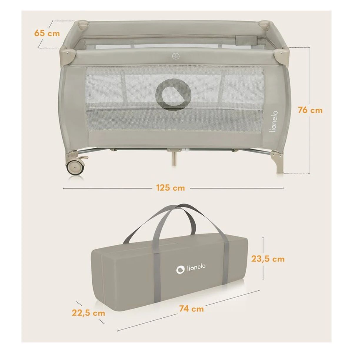 Patut pliant, Lionelo, Stefi Plus, Cu doua nivele, Cu intrare laterala cu fermoar, 2 roti, 120 x 60 cm, Bej [21]