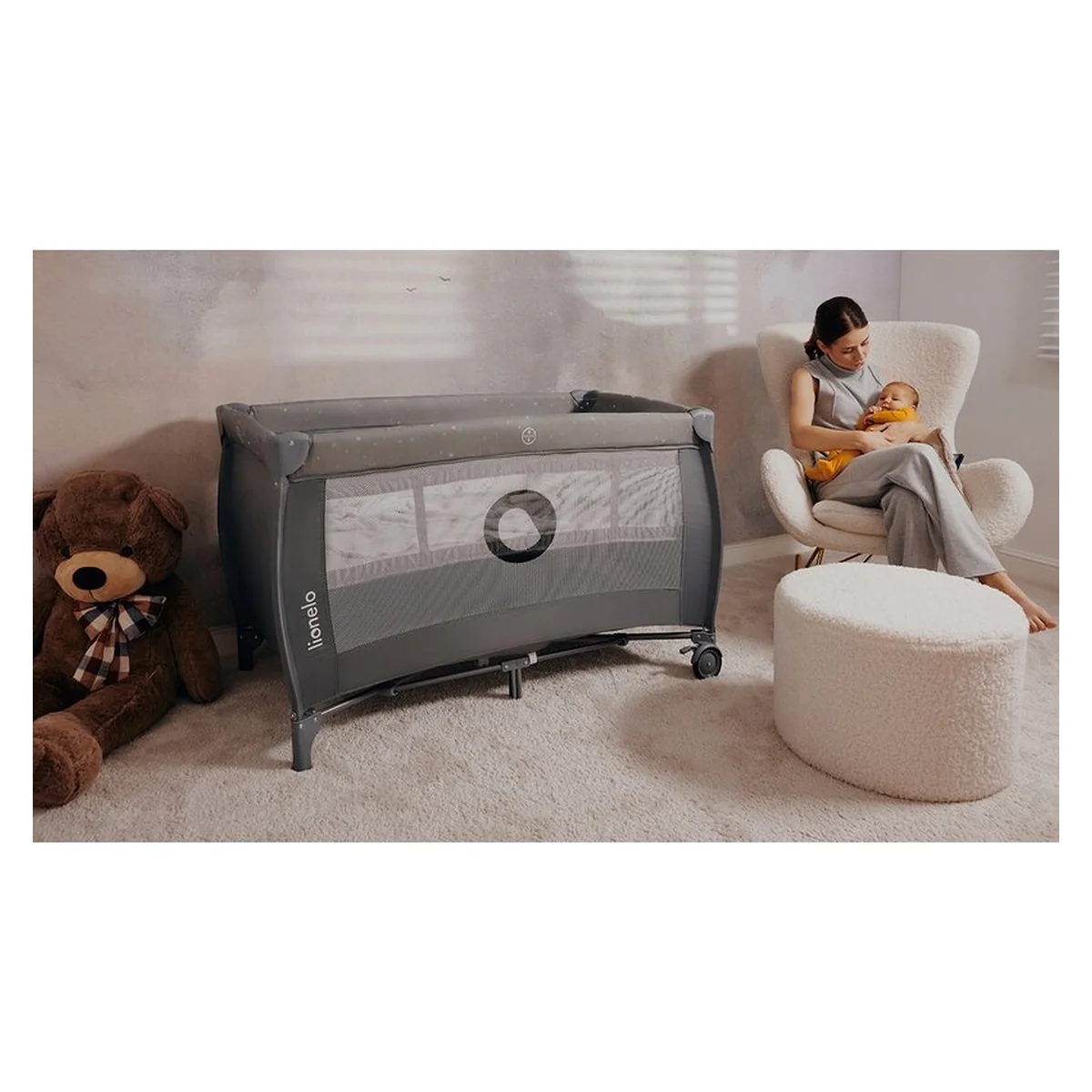 Patut pliant, Lionelo, Stefi Plus, Cu doua nivele, Cu intrare laterala cu fermoar, 2 roti, 120 x 60 cm, Bej [22]