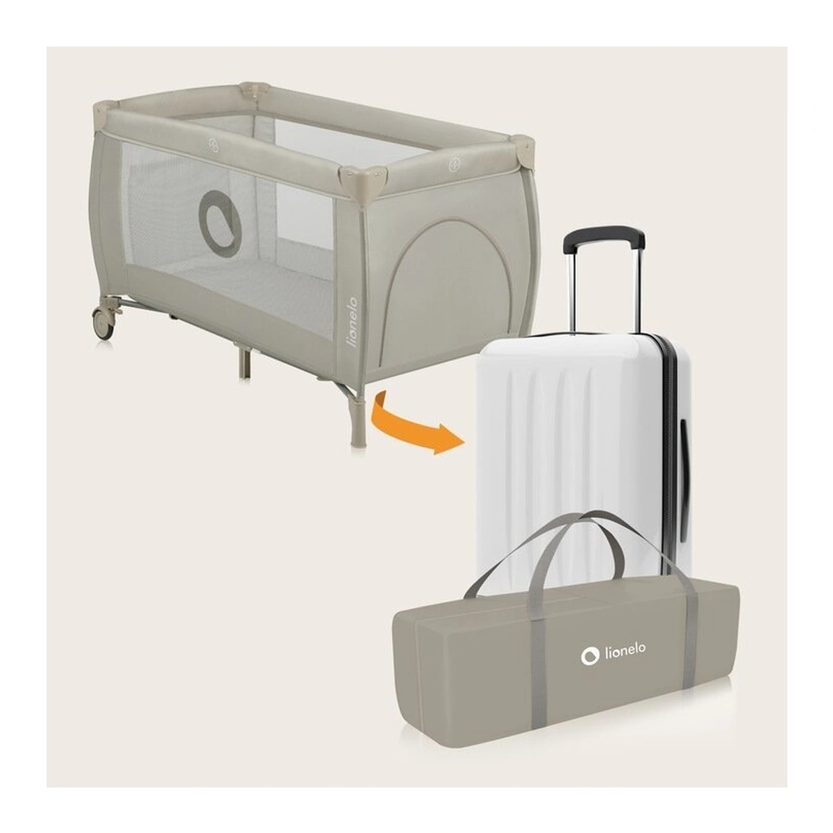Patut pliant, Lionelo, Stefi Plus, Cu doua nivele, Cu intrare laterala cu fermoar, 2 roti, 120 x 60 cm, Bej [16]