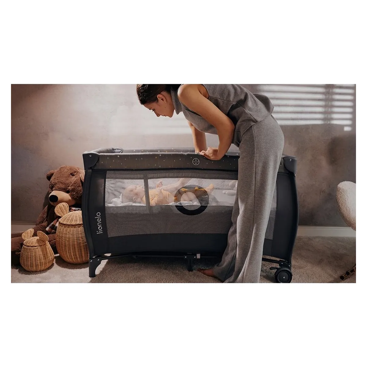 Patut pliant, Lionelo, Stefi Plus, Cu doua nivele, Cu intrare laterala cu fermoar, 2 roti, 120 x 60 cm, Bej [26]