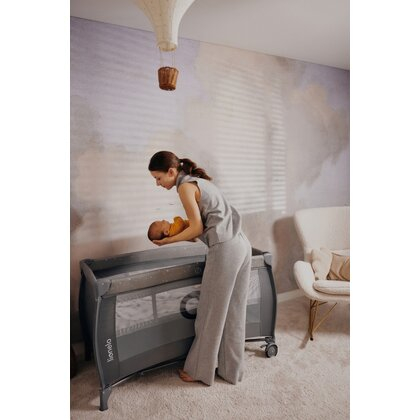 Patut pliant, Lionelo, Stefi Plus, Cu doua nivele, Cu intrare laterala cu fermoar, 2 roti, 120 x 60 cm, Gri/ Multicolor [21]