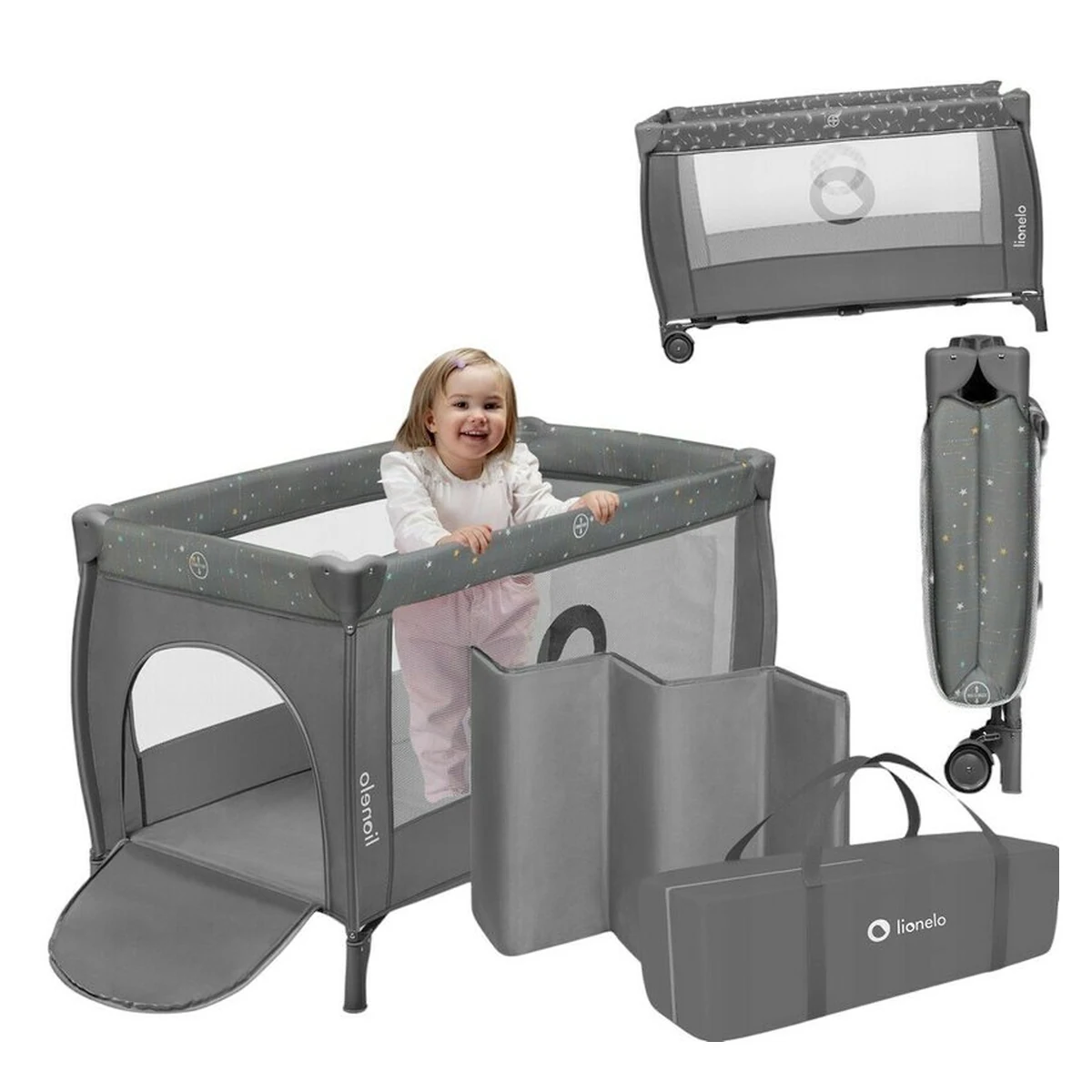Patut pliant, Lionelo, Stefi Plus, Cu doua nivele, Cu intrare laterala cu fermoar, 2 roti, 120 x 60 cm, Gri/ Multicolor [3]