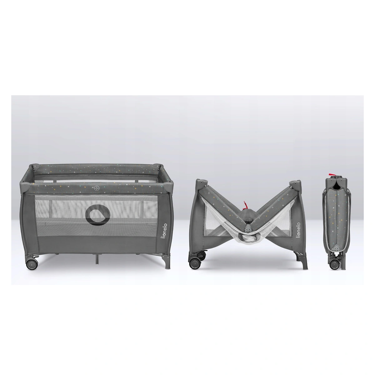 Patut pliant, Lionelo, Stefi Plus, Cu doua nivele, Cu intrare laterala cu fermoar, 2 roti, 120 x 60 cm, Gri/ Multicolor [4]