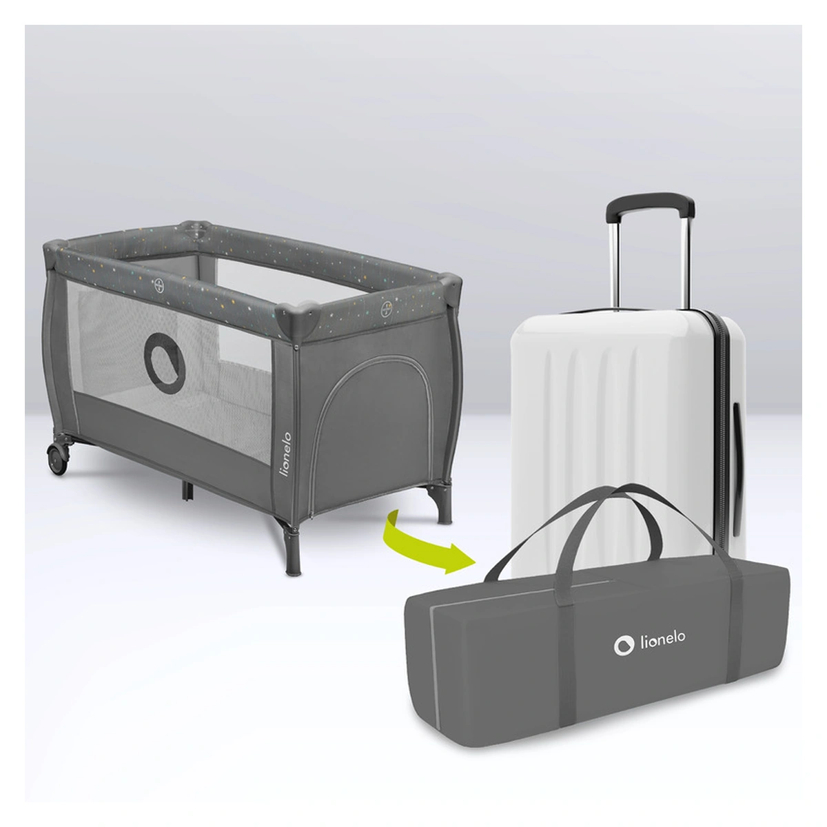 Patut pliant, Lionelo, Stefi Plus, Cu doua nivele, Cu intrare laterala cu fermoar, 2 roti, 120 x 60 cm, Gri/ Multicolor [18]