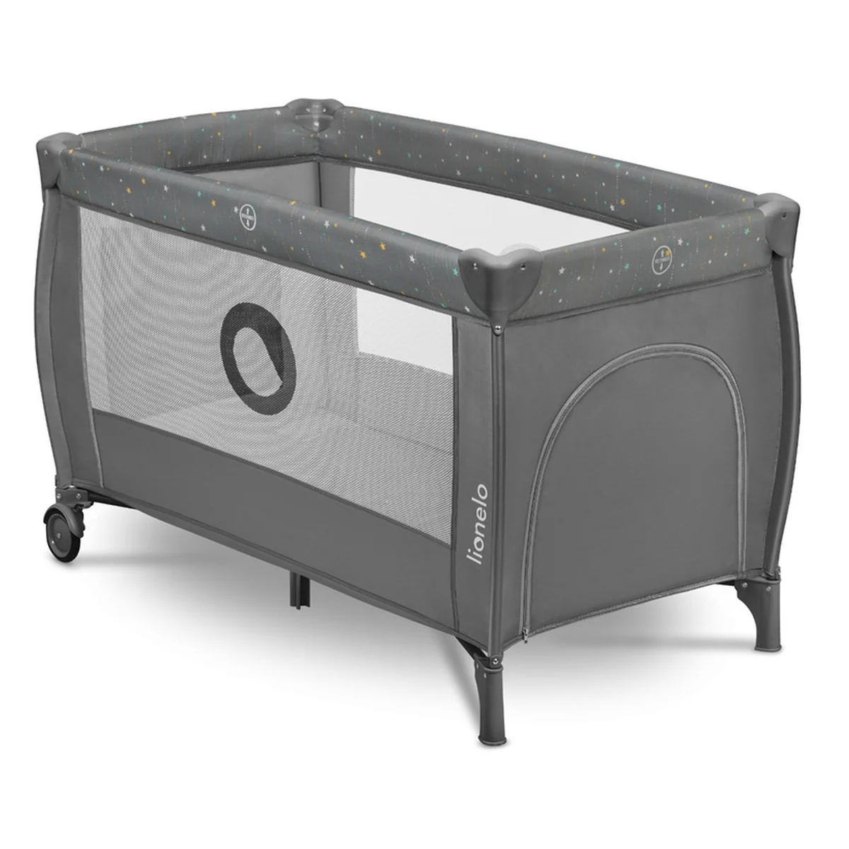 Patut pliant, Lionelo, Stefi Plus, Cu doua nivele, Cu intrare laterala cu fermoar, 2 roti, 120 x 60 cm, Gri/ Multicolor [6]