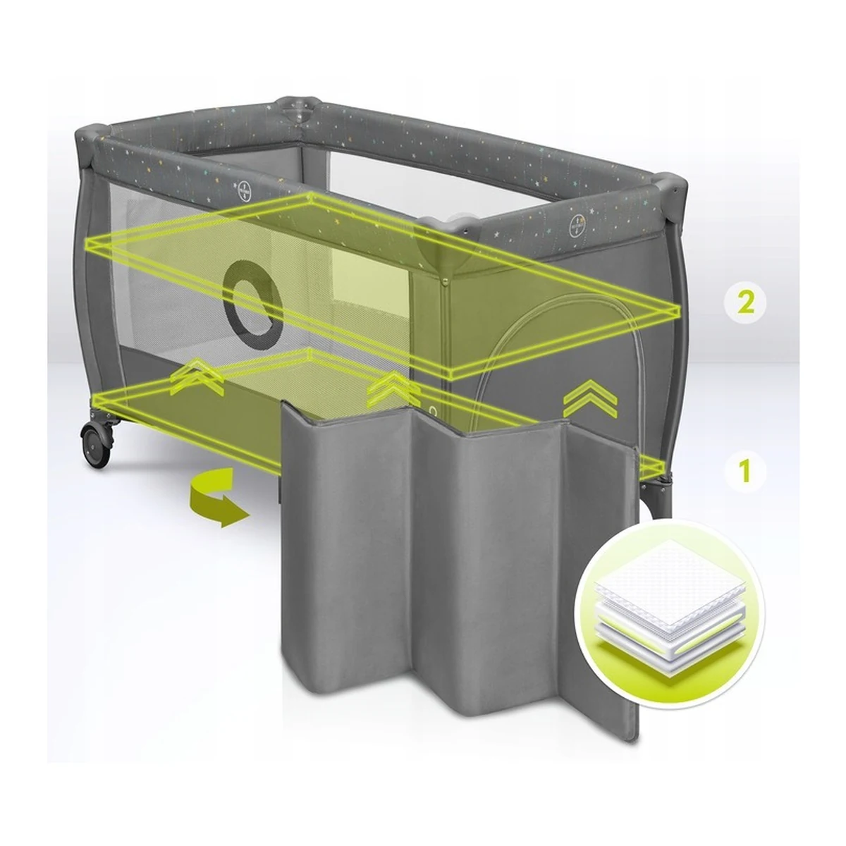 Patut pliant, Lionelo, Stefi Plus, Cu doua nivele, Cu intrare laterala cu fermoar, 2 roti, 120 x 60 cm, Gri/ Multicolor [13]